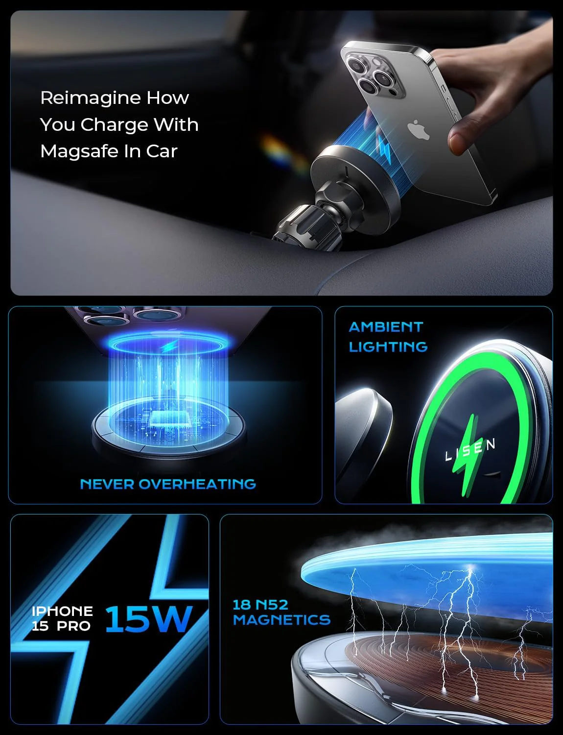 LISEN 15W MagSafe Car Charger (4-in-1 Mount, Strong Grip) - Image 4