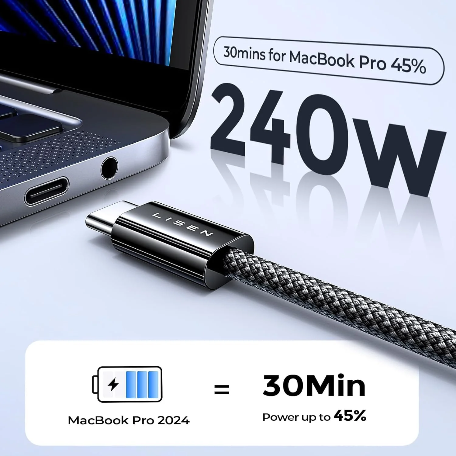 LISEN 2 Pack 240W USB C to USB C Cable 0.5M Charger Cable Black - Image 2