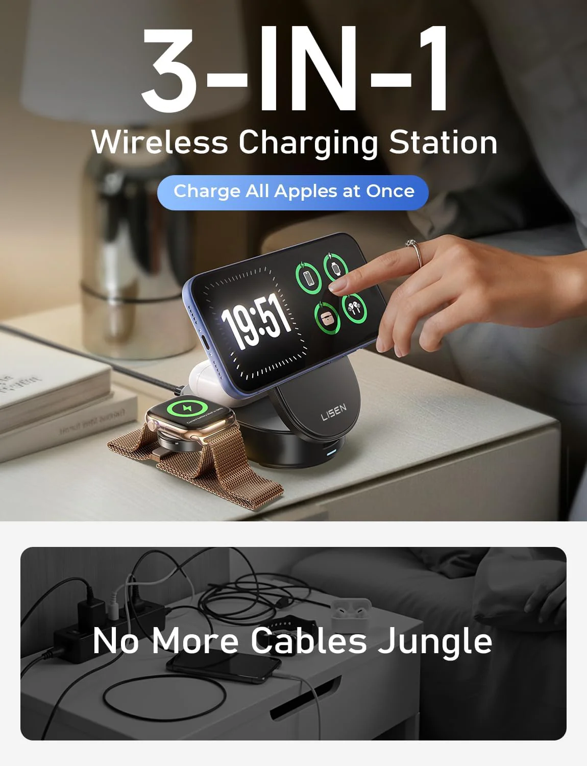 LISEN 3 in 1 Wireless Charger for Apple, Qi2 25W Fast Charger Wireless Charging Station for iPhone 17 16 15 14 13 12 Watch Airpods, for Magsafe Charger Charging Station As Gifts for Husbands Men Women - Image 3
