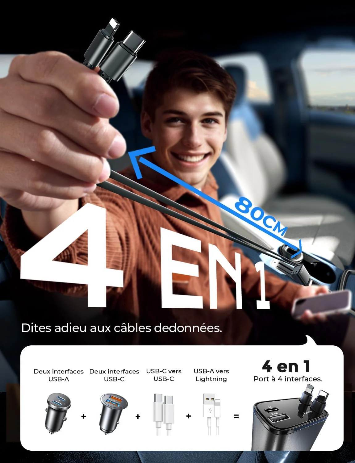 LISEN 4 in 1 Retractable USB C Car Charger 69W - Image 3