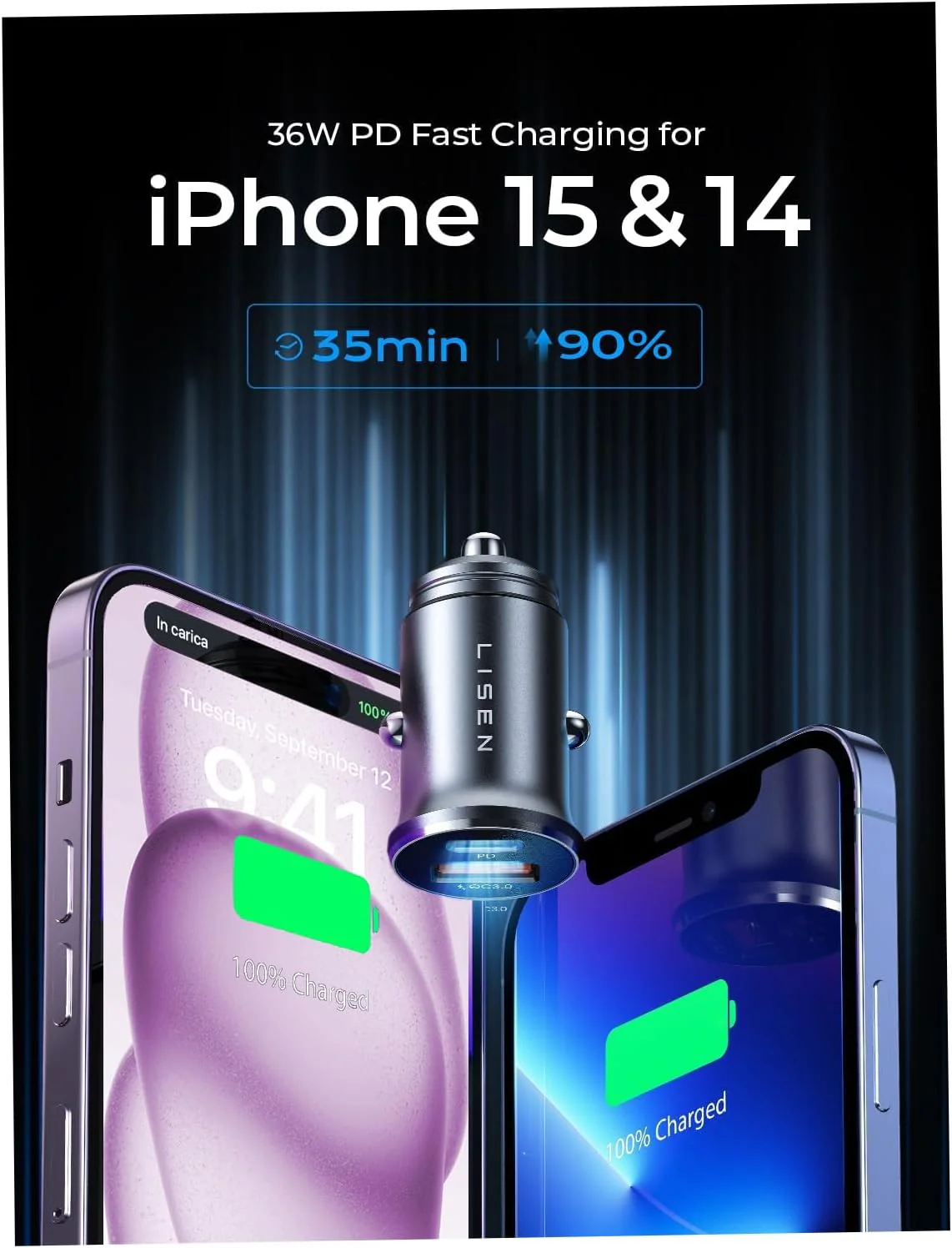 LISEN 54W Mini Metal Cigarette Lighter USB C Car Charger - Image 6