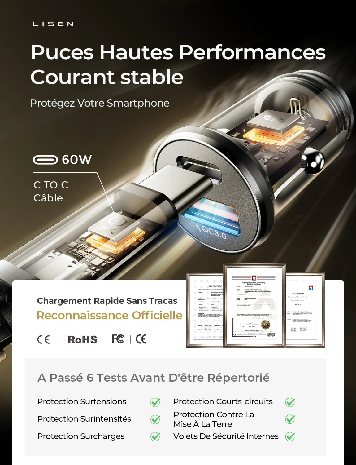 LISEN Car Charger USB C 54W+60W C-C Cable - Image 4
