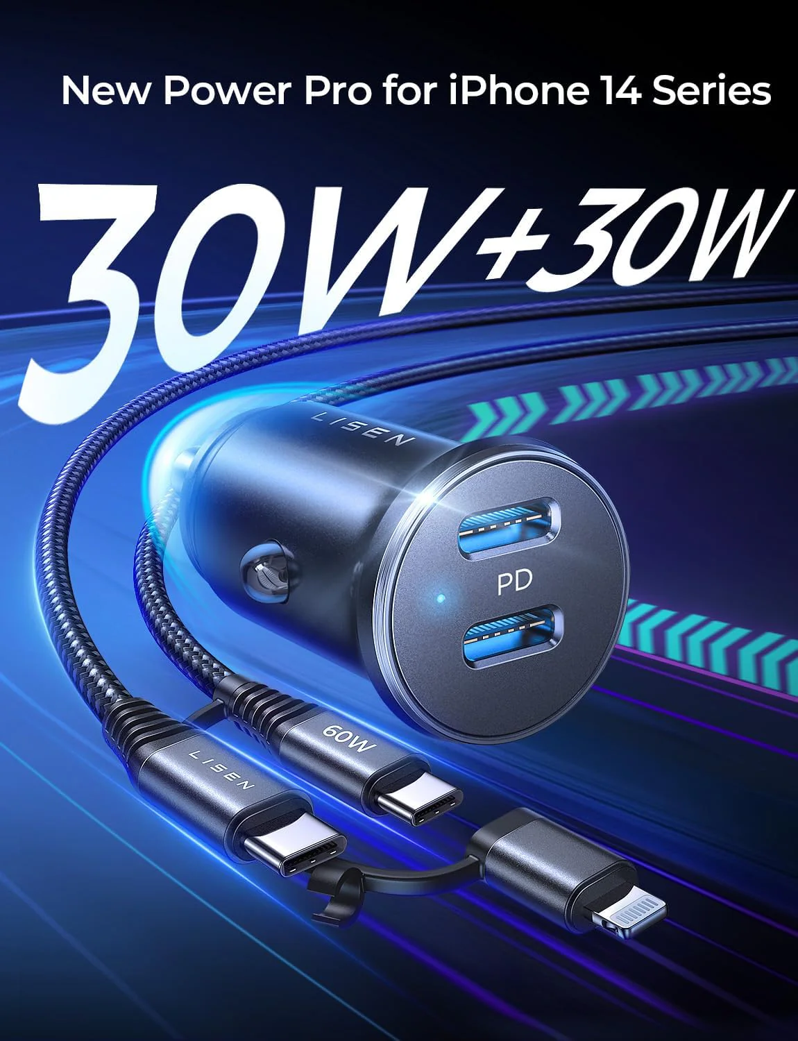 Lisen Dual USB C Car Charger with Cable - Image 2