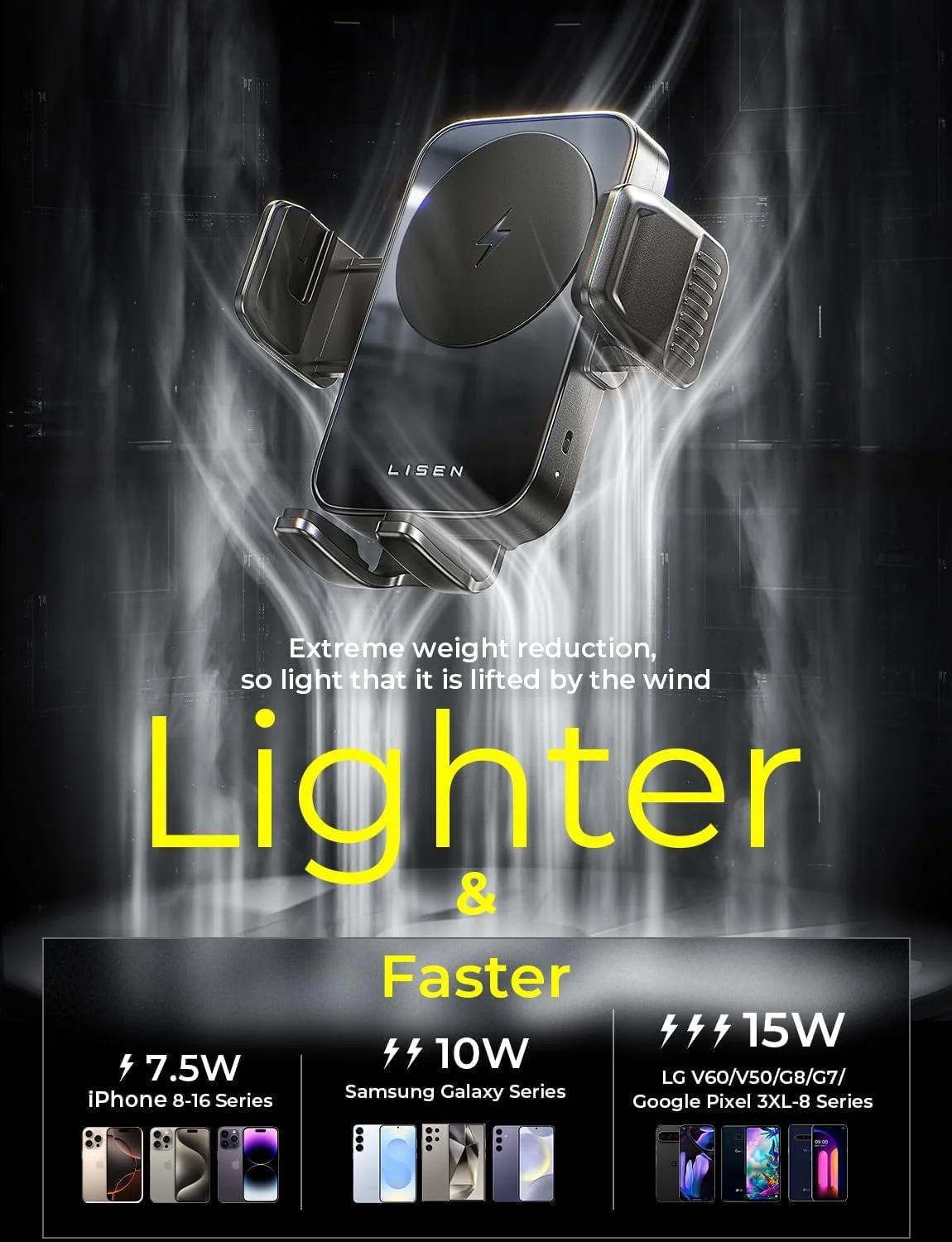 LISEN For Android [15W Pro] Mobile Phone Holder Car with Charging Function - Image 4