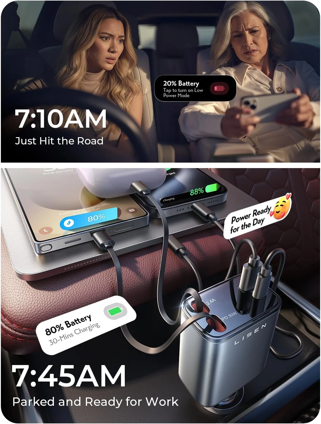 LISEN Retractable Car Charger, [2026 Upgrade 50 inch ] Long 4 in 1 Retractable Cable Car Charger - Image 5