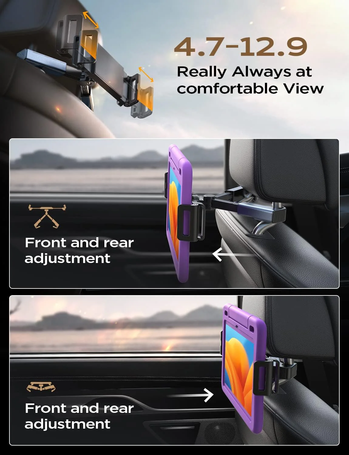 LISEN iPad Car Holder Back Seat Headrest Tablet Holder, Road Trip Essentials Accessories for Women Men Kids Gifts, for Fire HD 2026 iPad Pro 11/13" Air Mini, iPhone, Galaxy Tab, 4.7-12.9" Devices - Image 4