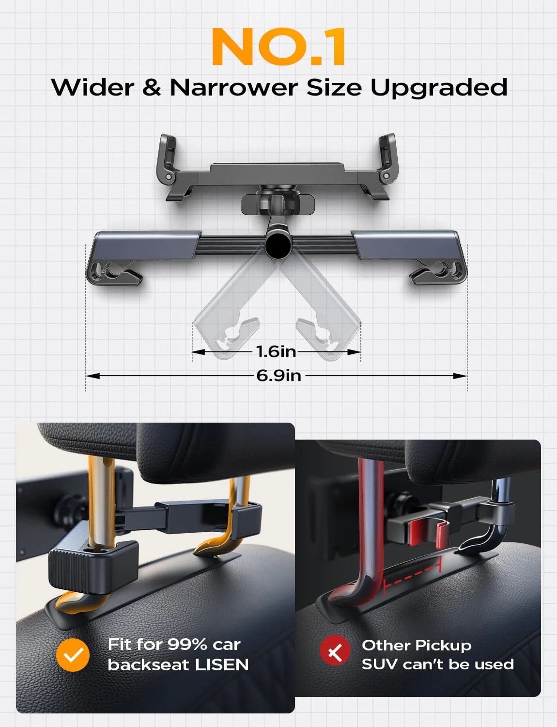 LISEN iPad Car Holder Back Seat Headrest Tablet Holder, Road Trip Essentials Accessories for Women Men Kids Gifts, for Fire HD 2026 iPad Pro 11/13" Air Mini, iPhone, Galaxy Tab, 4.7-12.9" Devices - Image 6
